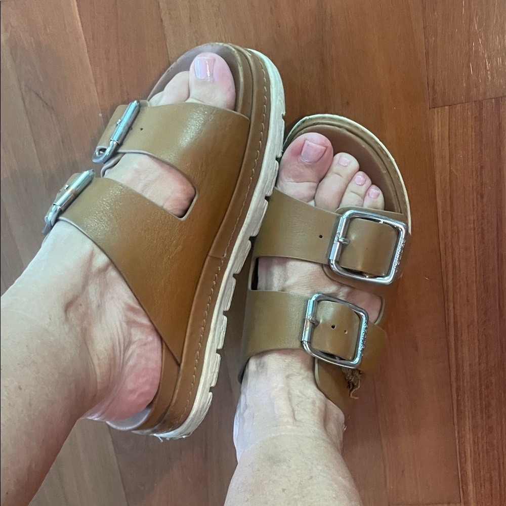 J Slides Brown Leather Sandals with Silver Buckles